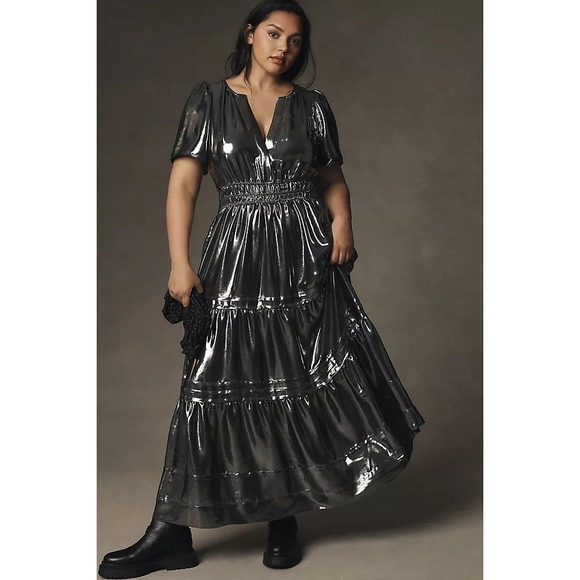 Anthropologie Dresses & Skirts - Anthropologie Somerset Maxi Dress Shine Metallic Silver Tiered Pockets 1X